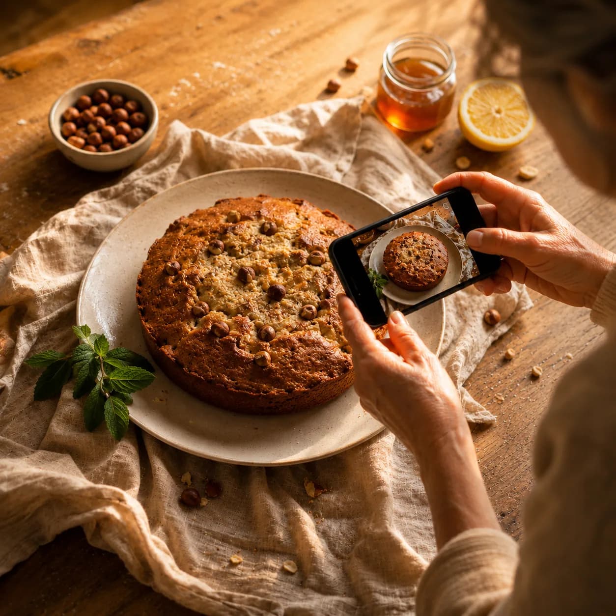Hände fotografieren den fertigen Haselnusskuchen von oben mit dem Smartphone.