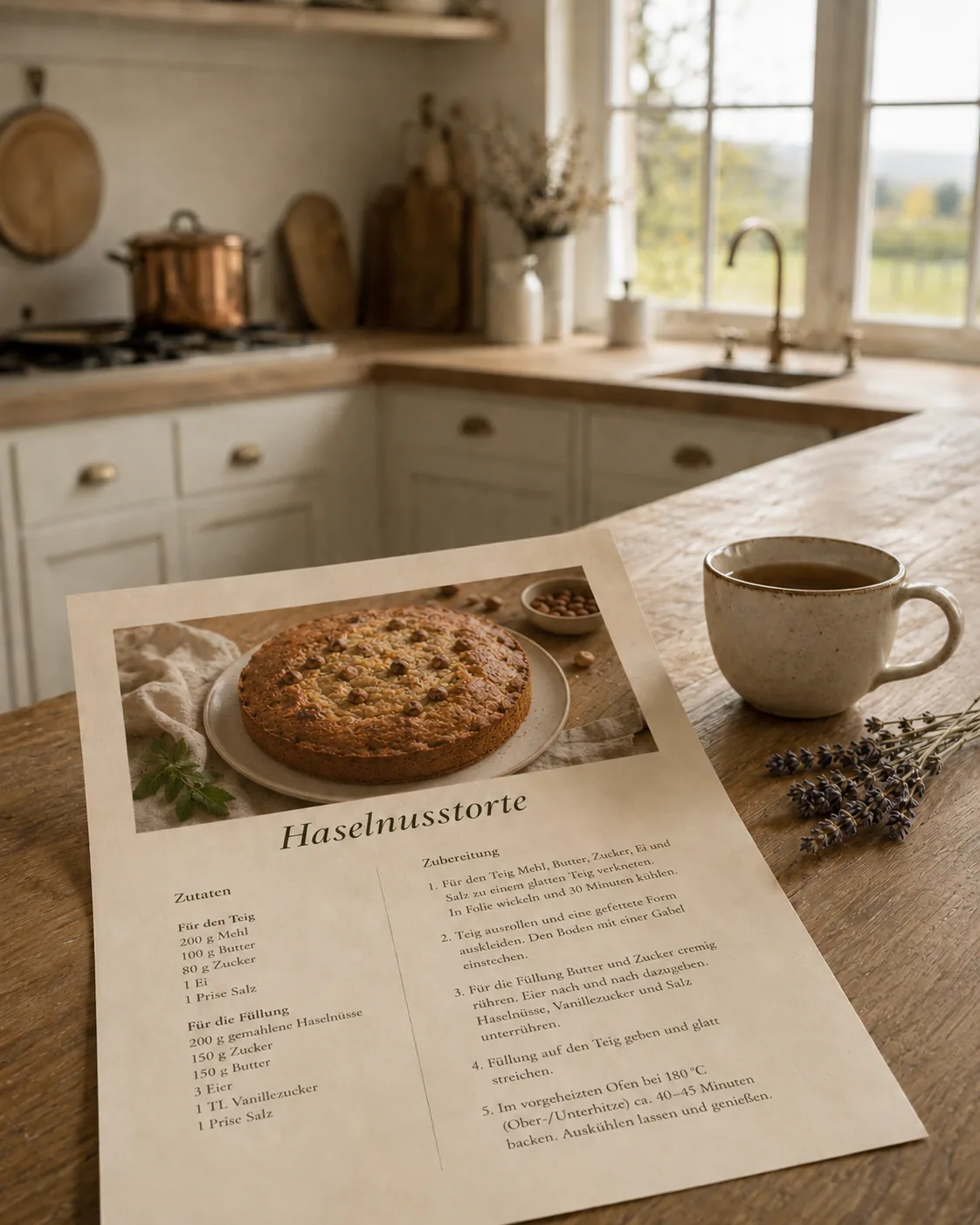 Das fertige Rezeptblatt mit eingebautem Foto liegt auf der aufgeräumten Küchenarbeitsfläche.